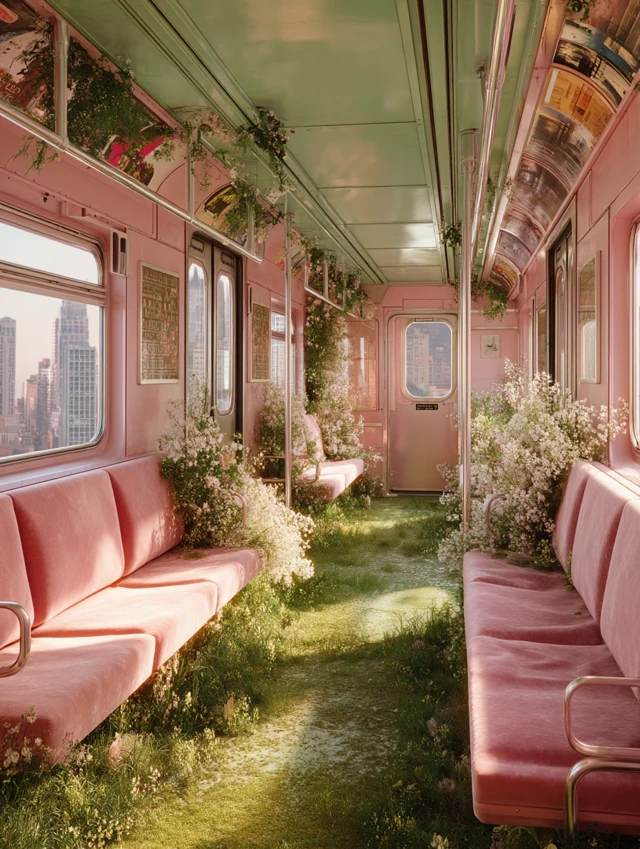 Dreamy Subway Train Interior Springtime Flowers