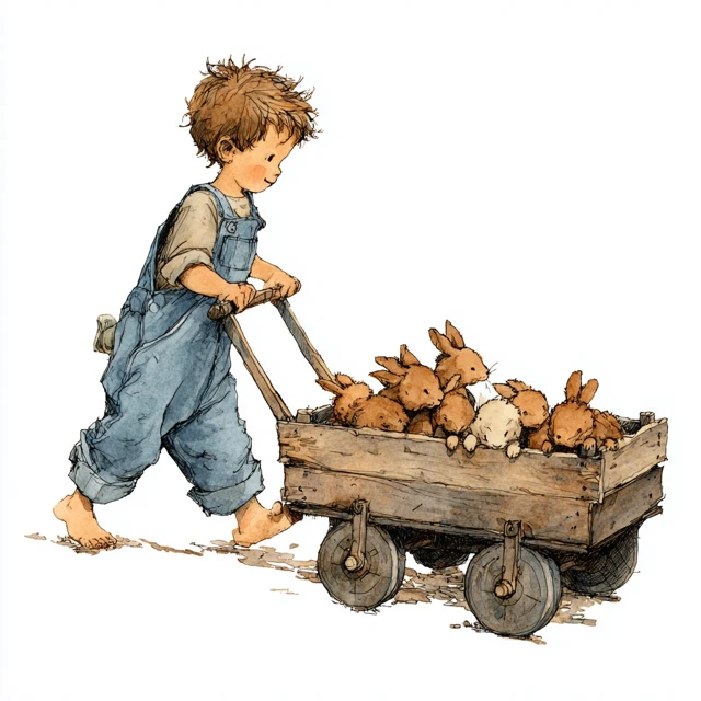 Childs Art Boy Pulling Wagon with Bunnies