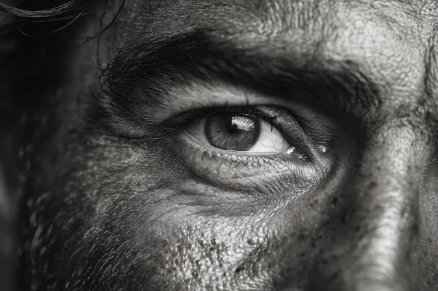 Intense Gaze Arab Man Close Up in Black and White