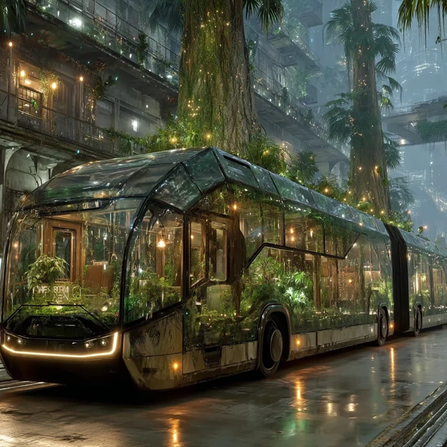 Futuristic Bus with Greenery in a Fantasy Cityscape
