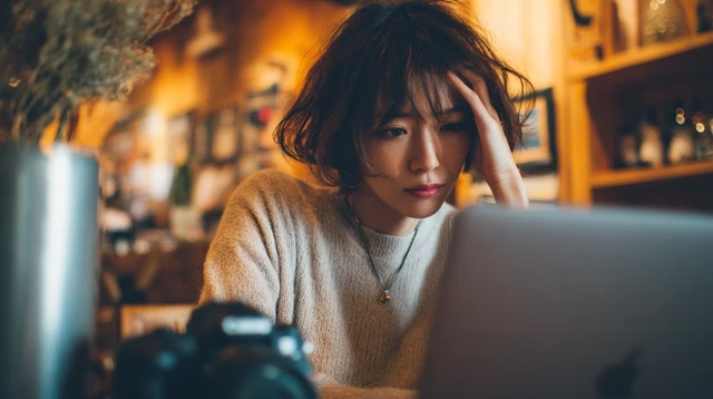 Japanese Blogger at Cafe Working on Laptop