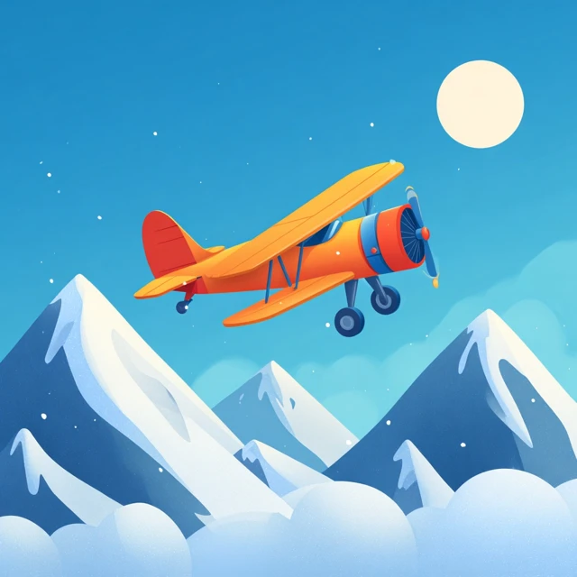 Cartoon Airplane Flying Above Snowy Mountains