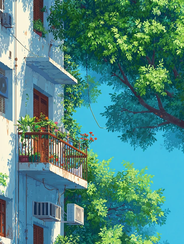 Minimalist Cityscape Building with Lush Greenery Anime Art