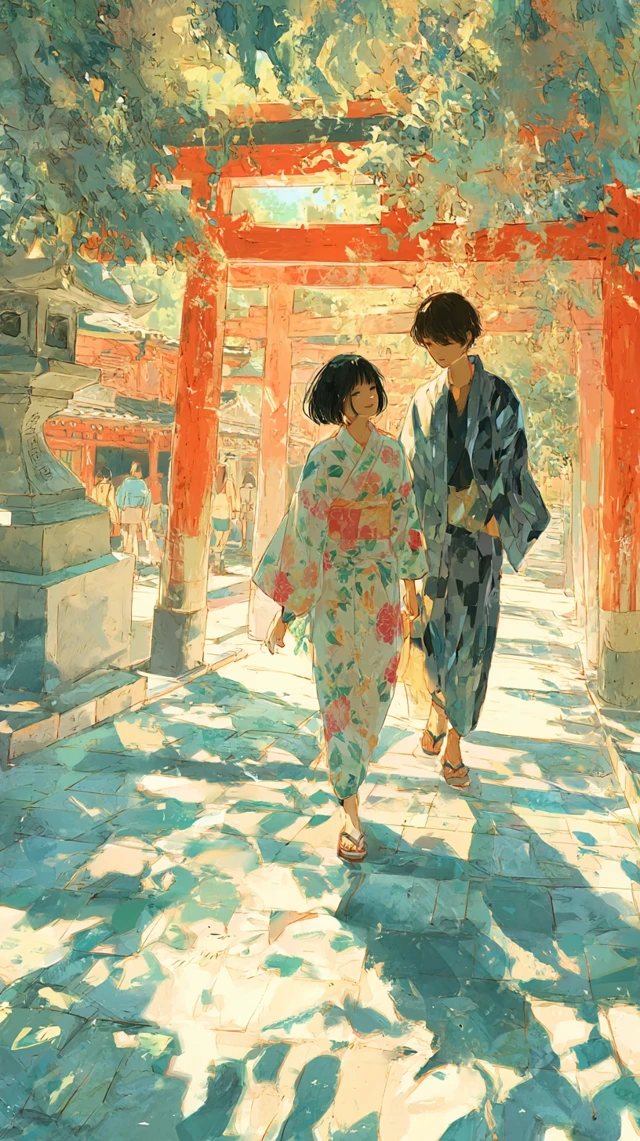 Japanese Couple in Yukata at Shrine