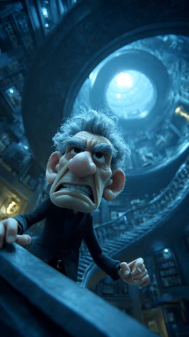 Grumpy Man Climbing for a Trophy: 3D Cartoon