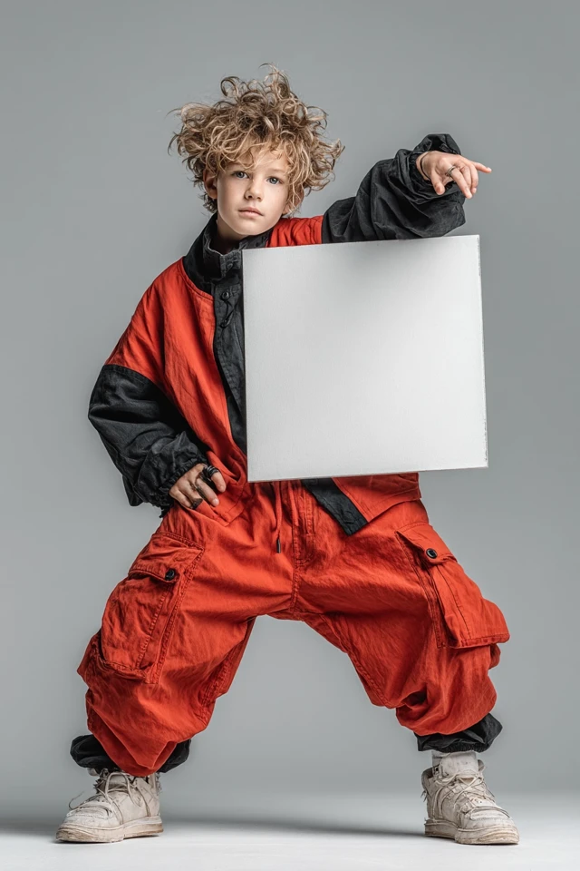 Boy with Poster Trendy Clothing Action Pose Portrait