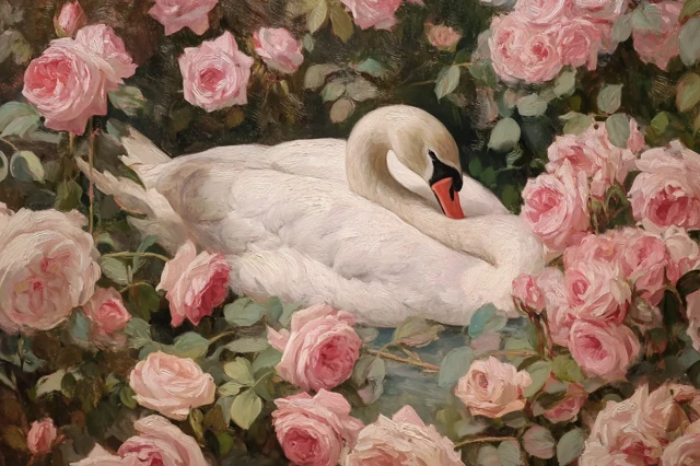 Swan and Roses Cottagecore Painting