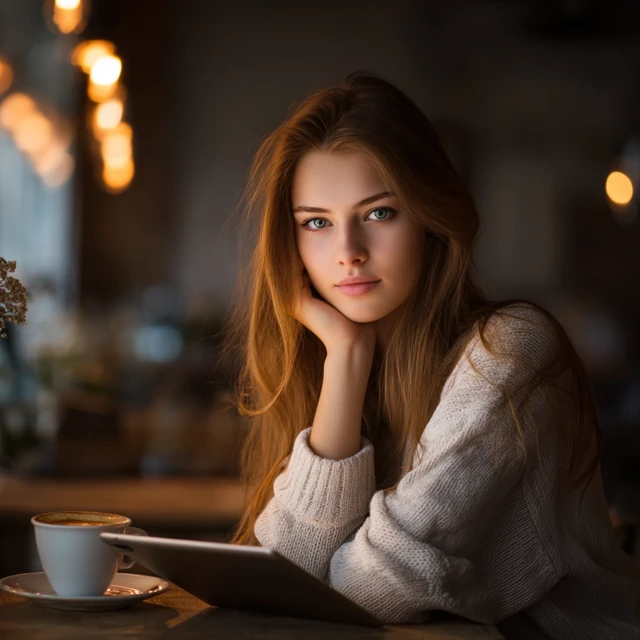 Young Woman in Cafe with Tablet Calm and Creative