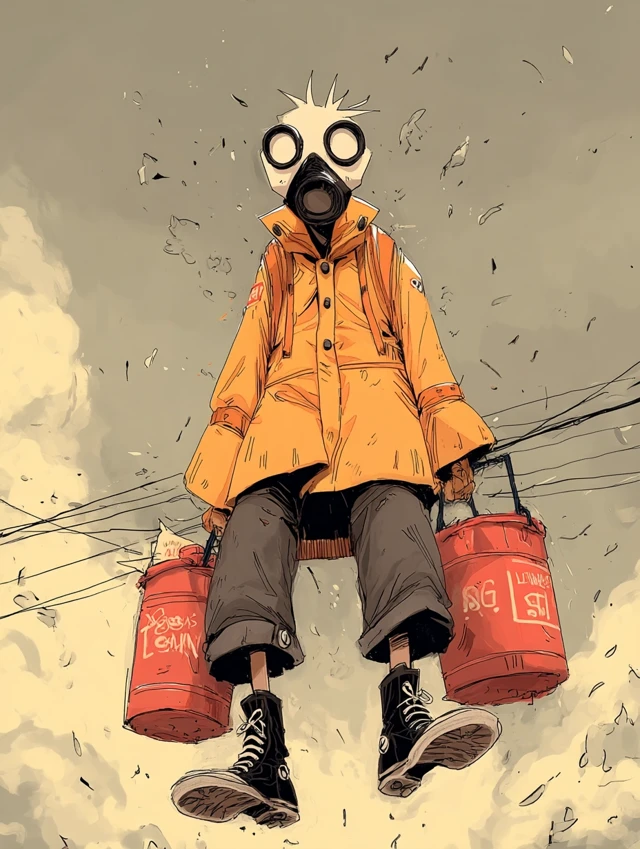 Anime Character Flying in the Sky with a Gas Mask