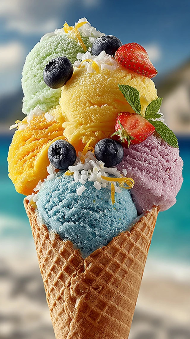 Colorful Ice Cream Cone on the Beach Summer Dessert