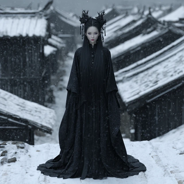 Gothic Chinese Woman in Snow Covered Village