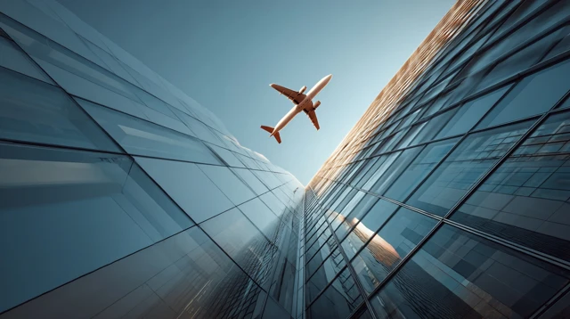Airplane over Modern Building