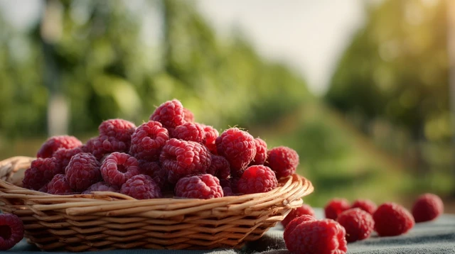 Fresh Raspberries in a Basket Orchard Backdrop