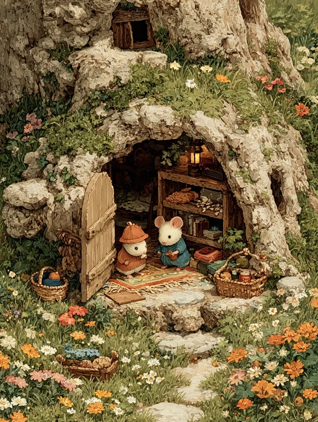 Cozy Mouse House in a Hollow Tree Storybook Illustration