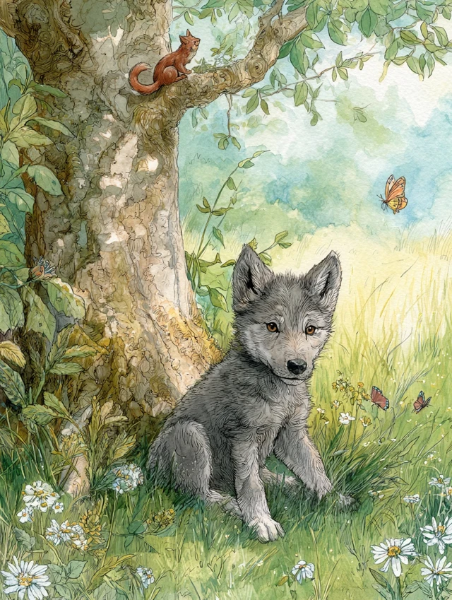 Wolf Pup in a Sunny Meadow Watercolor Illustration