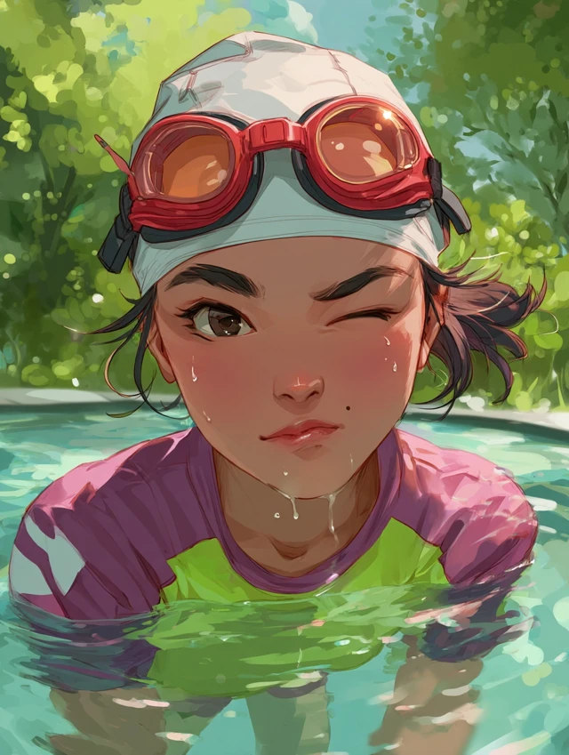 Young Asian Woman in Swim Cap and Goggles
