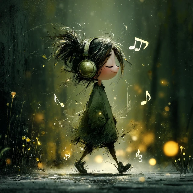 Cute Girl Listening to Music Illustration