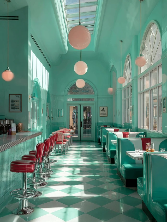 Art Nouveau 50s Diner with Teal Walls