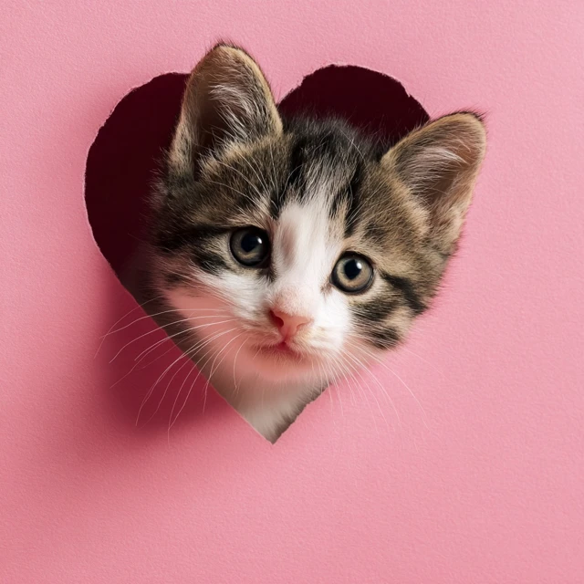 Adorable Kitten Peeking Through Heart Pink Background