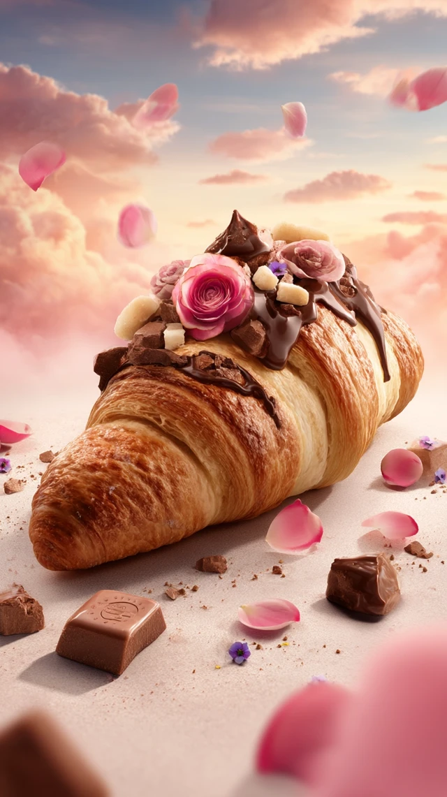Magical Croissant Art: Roses, Chocolate, and Clouds