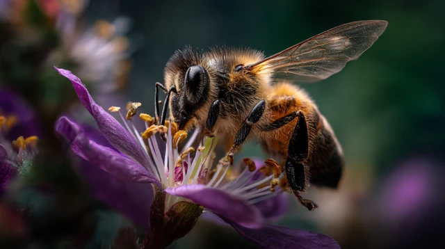 Bee Resting on Violet Flower Ultra Realistic Macro Shot