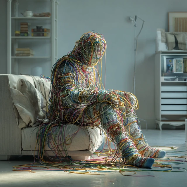 Human Cocooned in Cables Surreal Modern Art