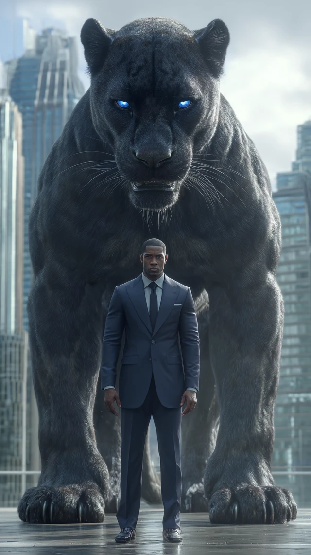 Man and Panther Guardian in Futuristic City