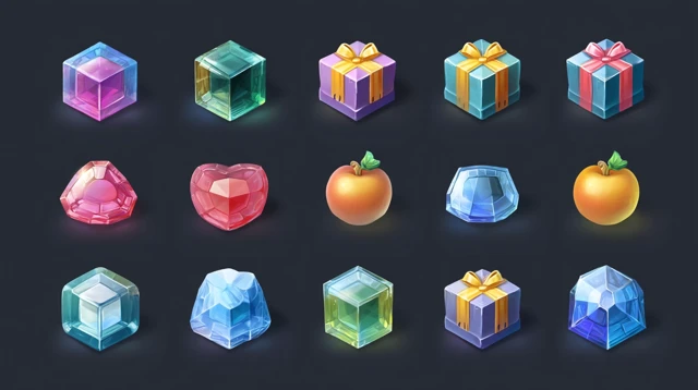Game Asset Icons Gems Gifts and Fruits 3D Cartoon