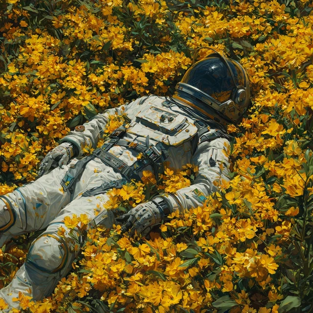 Astronaut in Yellow Flowers Artistic Hyperrealistic
