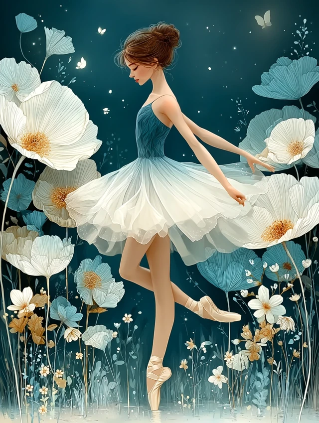 Ballerina Dancing in a Field of Flowers Illustration