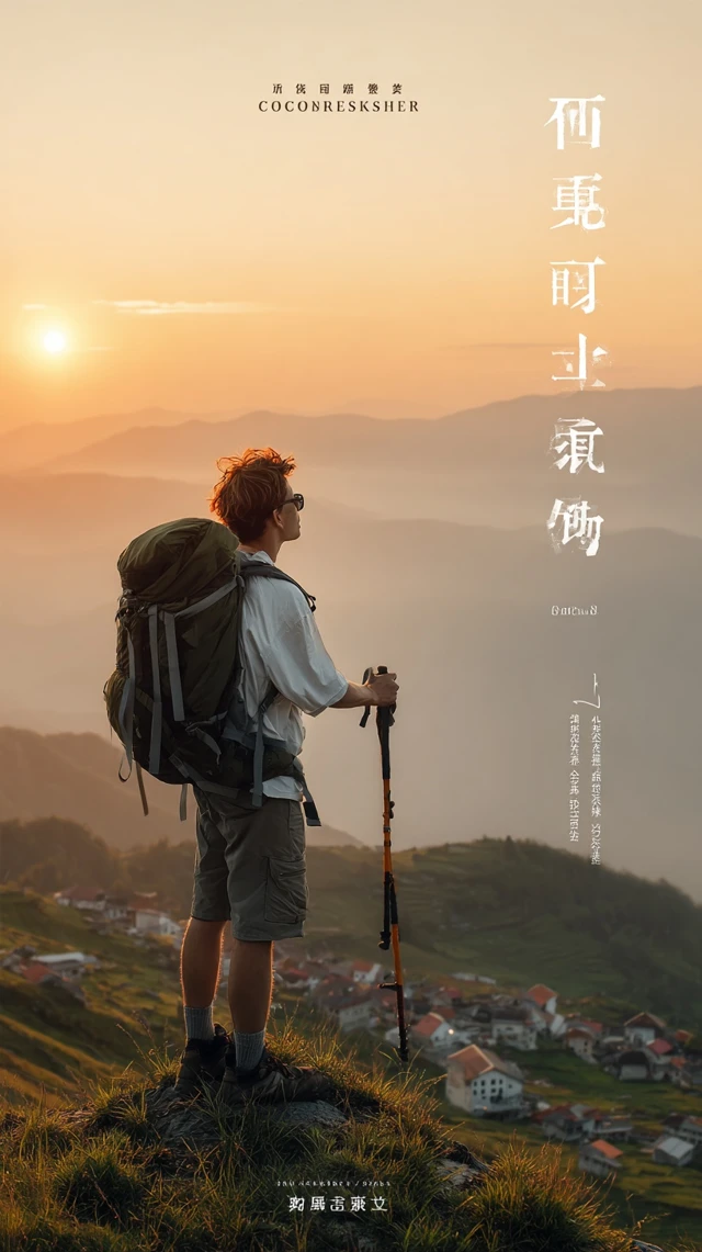 Adventurous Man Hiking on Mountain Sunset