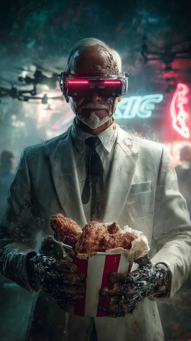 Cyberpunk Colonel Sanders: Fried Chicken in 2100