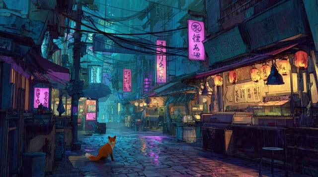Cyberpunk Fox in a Rainy Japanese Market