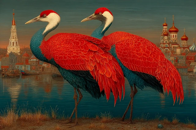 Dutch Master Painting of Cranes at Sunset