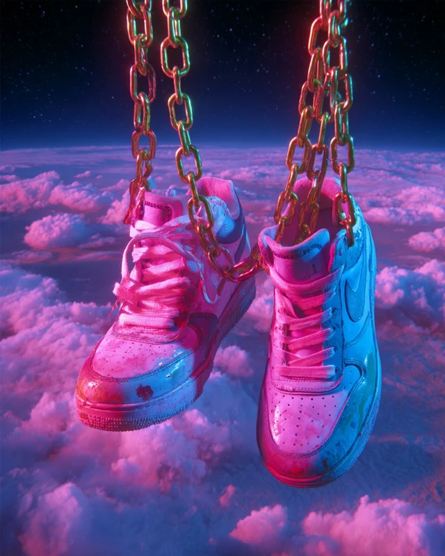 Sneakers Hanging Above Earth Pink and Blue Colors