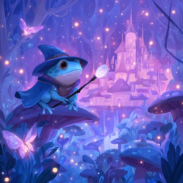Wizard Frog in Magical Forest Whimsical Illustration