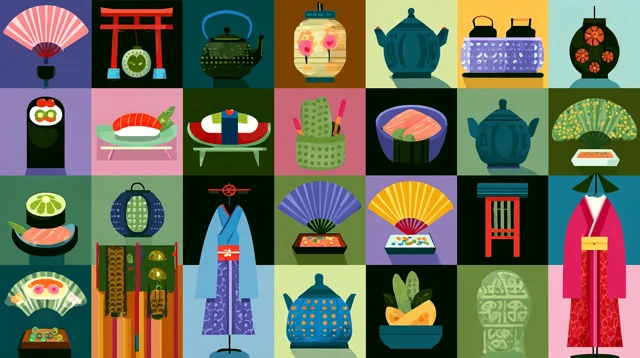 Japanese Culture Icons Sushi Lantern Fan Kimono Vector Art