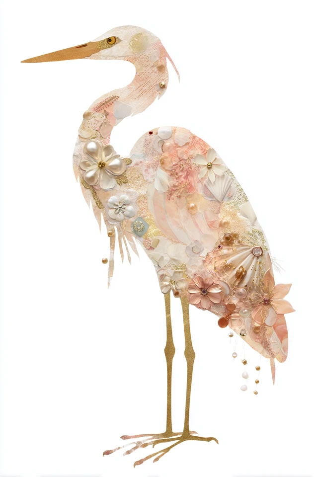 Elegant Egret Collage Art - Shabby Chic and Vintage Elements