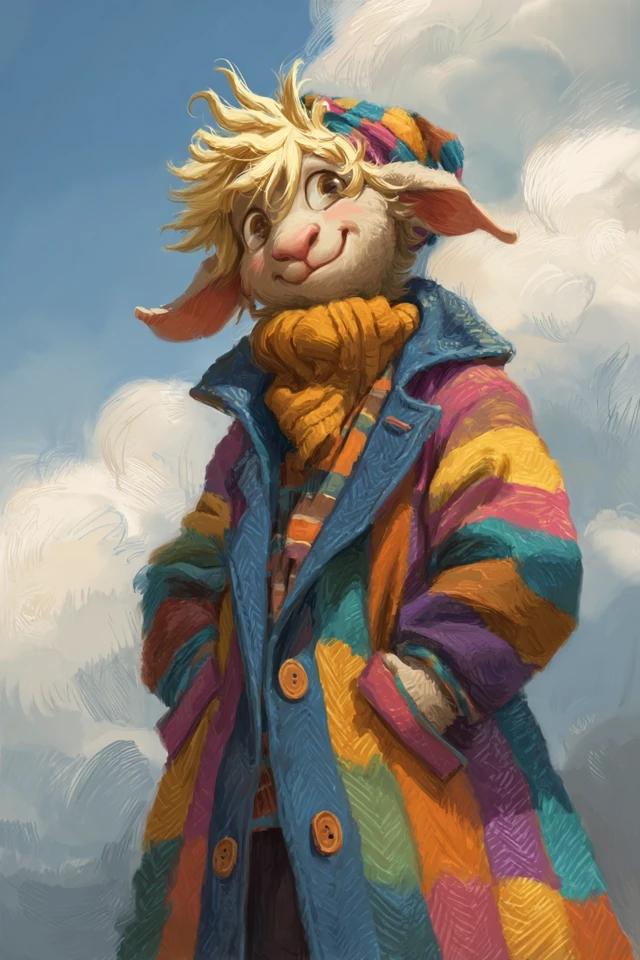 Anthropomorphic Sheep Boy in Colorful Coat