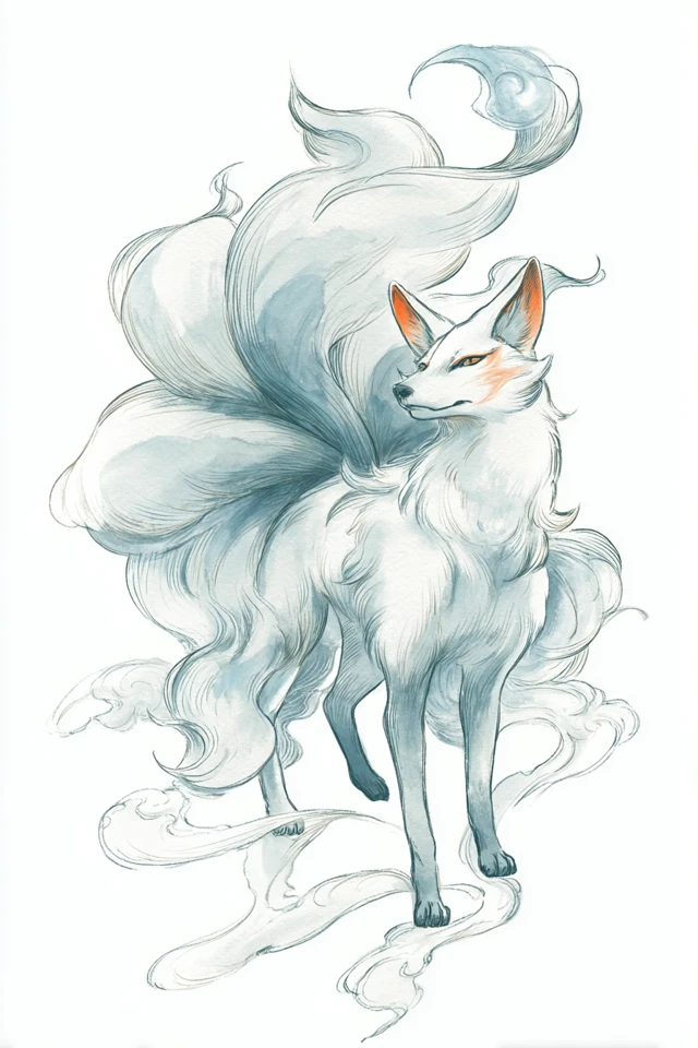 Nine-Tailed Fox Watercolor Painting Mythical Creature