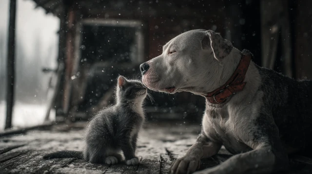 Heartwarming Bond Pitbull and Kitten in Snow