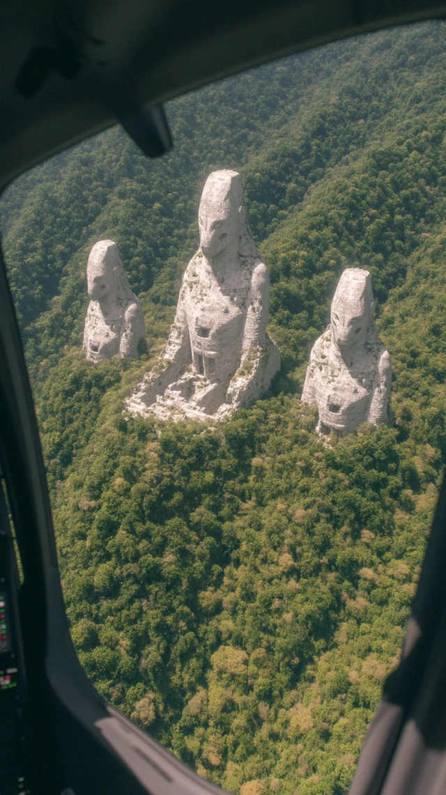 Alien Statues in Rainforest Aerial View