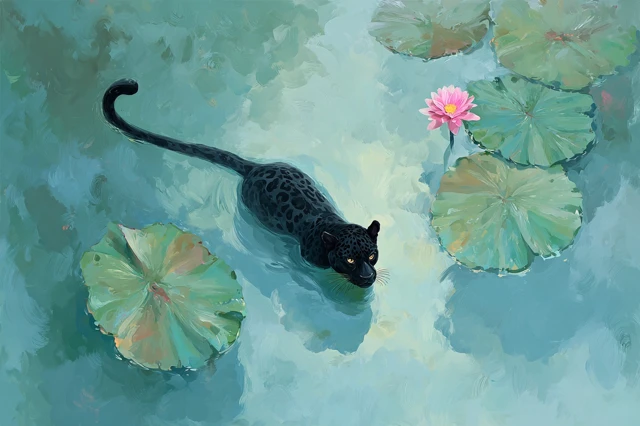 Black Panther in Monet Style Lily Pond