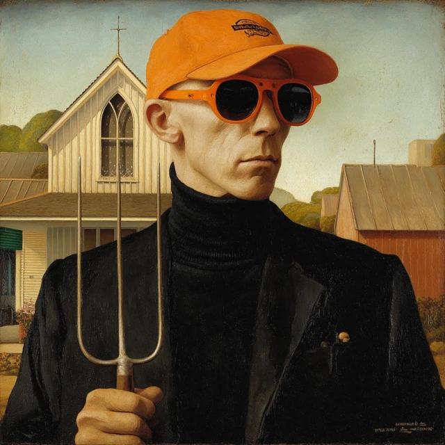 American Gothic Parody Man in Black with Pitchfork