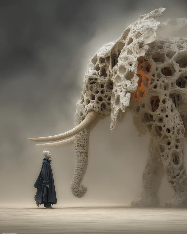 Surreal Elephant Creature and Figure in a Pale Plain