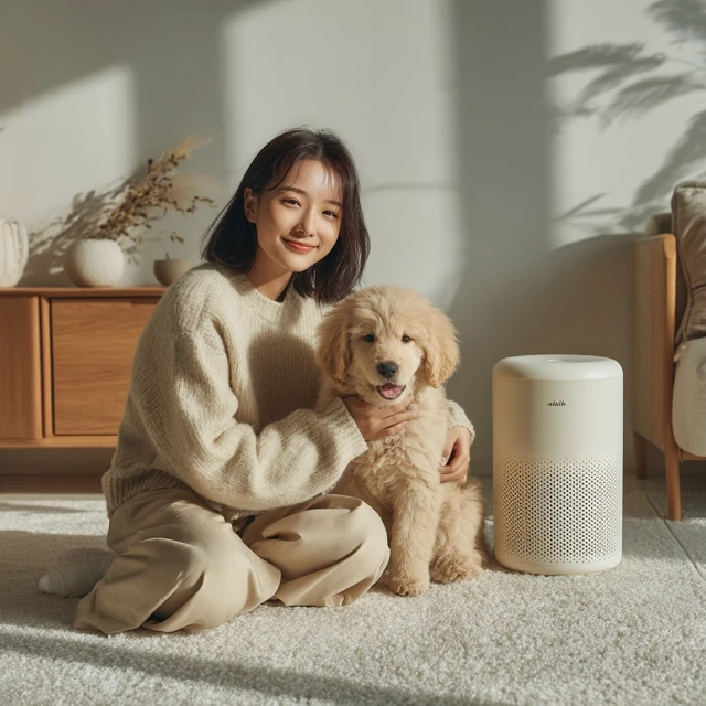 Woman with Puppy in Bright Modern Living Room