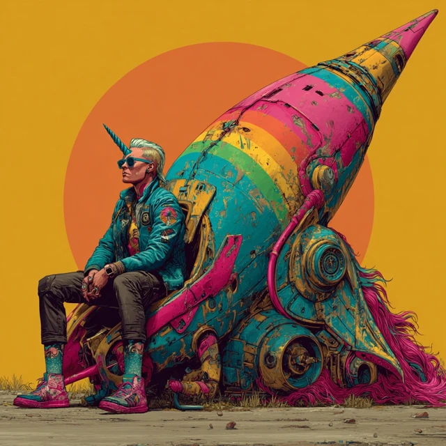 Unicorn Guy on Rainbow Rocket Space Art