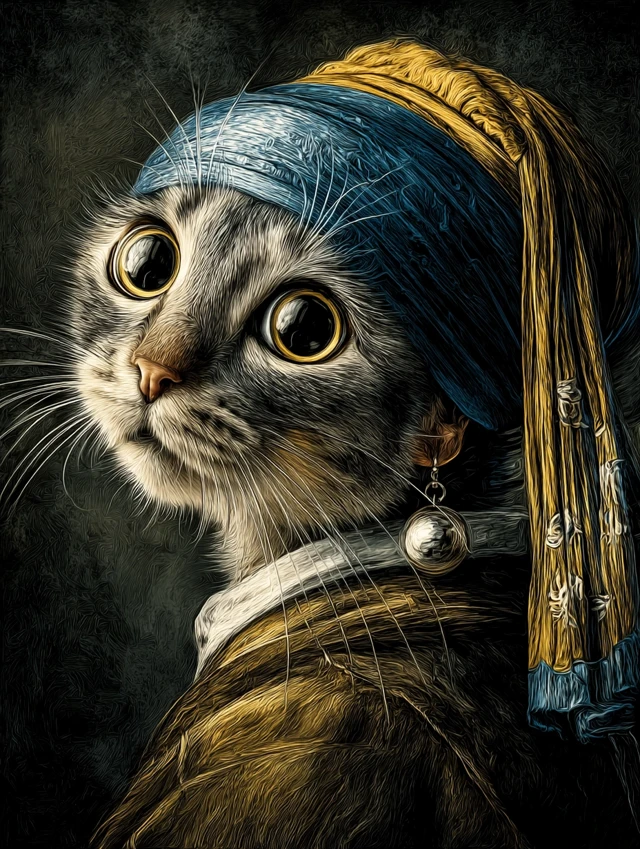 Cat with a Fish Earring Vermeer Parody Art