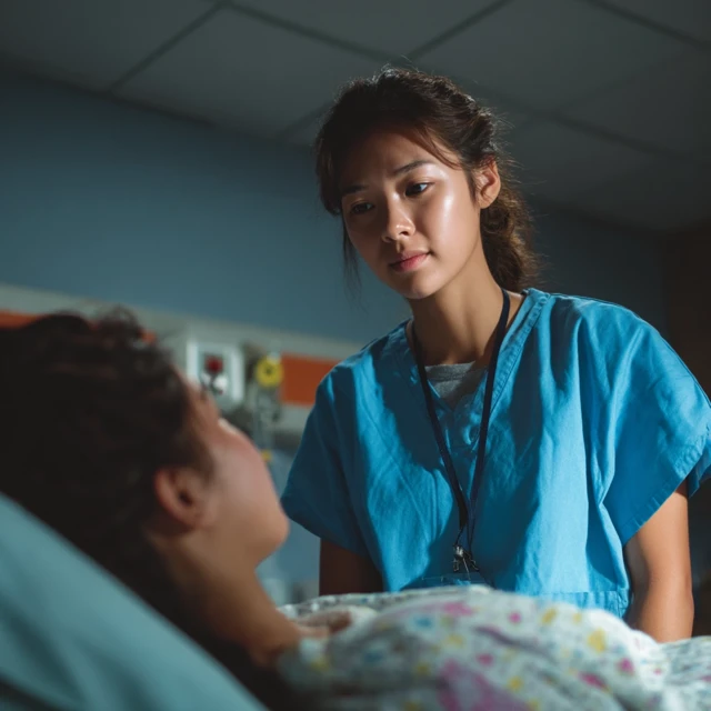 Asian Nurse Caring for Patient in Hospital