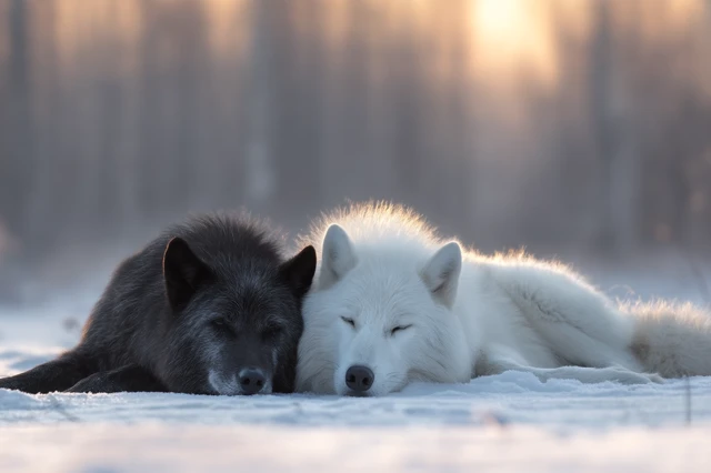 Black and White Wolves Sleeping in the Snow